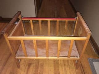 Vintage 1950s Wooden Baby Doll Crib Bed With Wood Wheels And Handmade Blankets