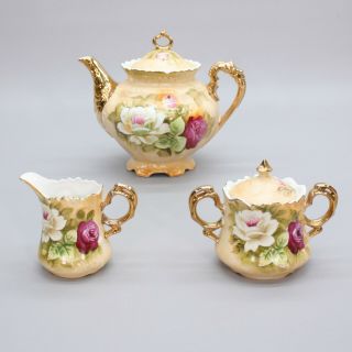 Vintage Lefton Teapot Creamer Sugar Bowl Set Hand Painted Gold Yellow Pink Roses