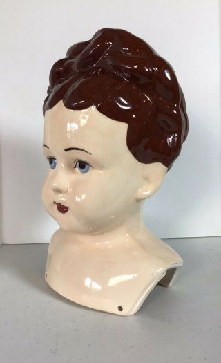 Vintage Victorian Style Ceramic Doll Head Molded Brunette Hair Extra Large 10 "