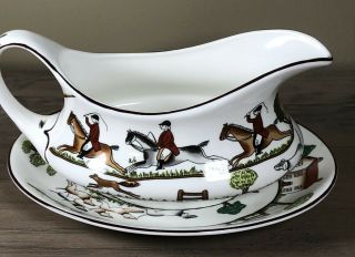 Hunting Scene By Crown Staffordshire Porcelain Gravy Boat With Underplate Euc