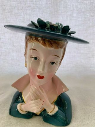 Vintage Lefton Headvase/head Vase Blue Lady With Hands Folded Under Chin 5 1/4 "