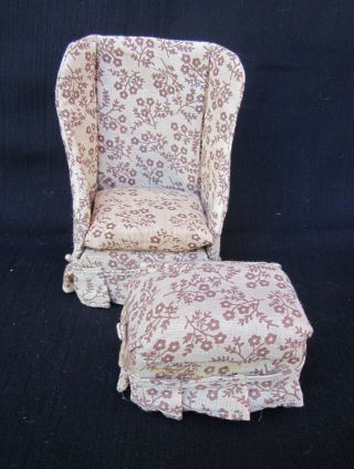 Vintage Miniature Doll Furniture High Back Chair & Ottoman 2 Piece Brown & Tan
