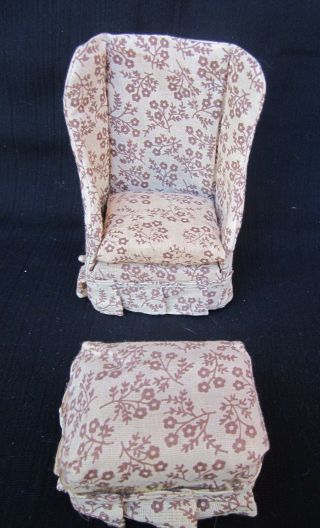 Vintage Miniature Doll Furniture High Back Chair & Ottoman 2 piece Brown & Tan 2