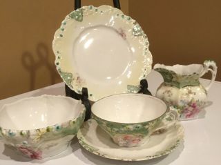 Antique Handpainted S&t Rs Germany Porcelain Floral Green Teacup Saucer