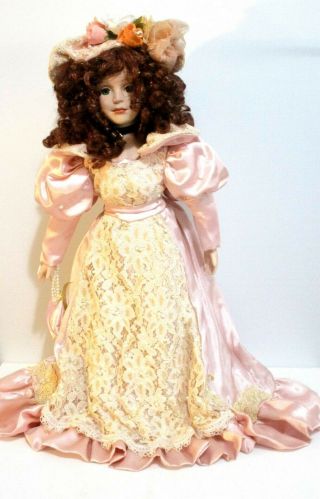 Seymour Mann Porcelain Doll Victorian Lady Pink Lacy Dress Red Hair 24 " Tall