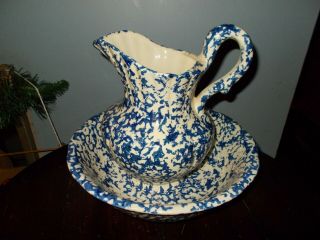 Vintage Blue Pitcher Wash Bowl Basin Set Spongeware Pottery