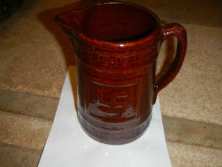 Antique Brown Stoneware Salt Glazed Indian Swastika Good Luck Pitcher 8 1/4 "