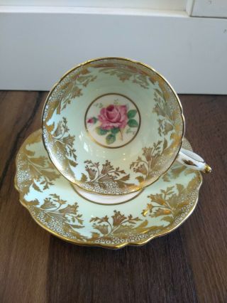 Vintage Paragon Fine China Cup And Saucer Pink Cabbage Rose Green And Gold