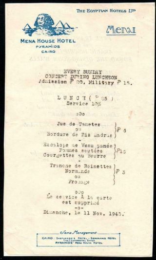 Sod Egypt 1945 Mena House Hotel Sunday Lunch/concert Menu On Hotel Printed Sheet