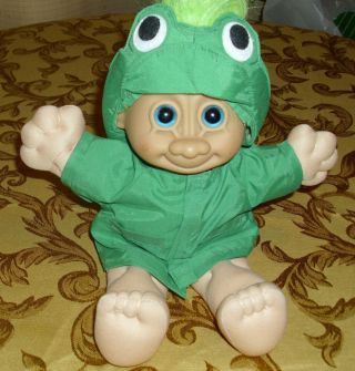 Vintage Troll Doll By Russ Berrie Co Green Frog Raincoat Slicker & Hat 12 " Tall