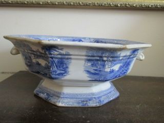 Antique Ironstone Blue W.  Adams Navarino Staffordshire Handled Pedestal Bowl 2
