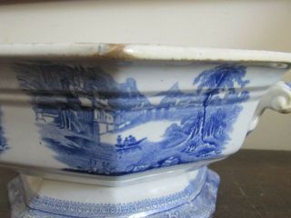Antique Ironstone Blue W.  Adams Navarino Staffordshire Handled Pedestal Bowl 3
