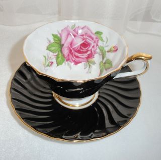 Vintage Aynsley Bone China Wide Tea Cup & Saucer Pink Rose Gold Trim Black Swirl