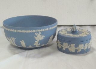 Wedgwood Jasperware White On Blue China Serving Bowl & Lidded Trinket Dish