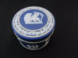 Vintage Wedgwood Jasperware Dark Blue 2 " Miniature Round Trinket Box W Lid