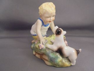 Antique Vintage Royal Worcester Porcelain Two Babies Figure Doughty Child Puppy