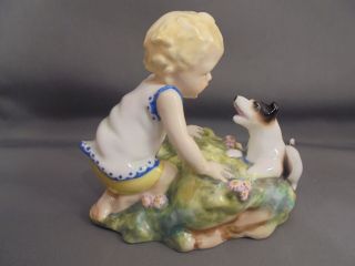 Antique Vintage Royal Worcester Porcelain Two Babies Figure Doughty Child Puppy 2