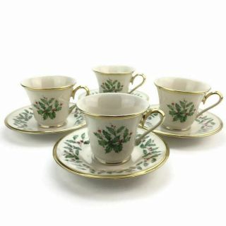 4 Lenox Holiday Dimensions Footed Cup Saucer Set Gold Trim Usa A