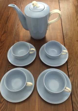 Vintage Homer Laughlin Skytone Coffee Pot & Set Of 4 Cups W Saucers Blue & White