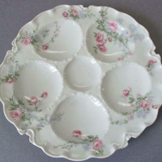 Antique Haviland Porcelain Oyster Plate Pink Roses Blue Flowers Schleiger 261
