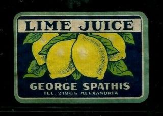 Egypt 1945 Collectables Old Label Lime Juice Spathis Co Alexandria 21