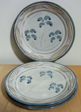 Set Of 3 Handmade 9 " Glazed Earthenware Clay Plates By Bay - Blue Flowers