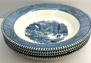 Currier And Ives Royal China Early Winter 8 - 1/4 " Rimmed Soup Bowl Set Of 4 Blue