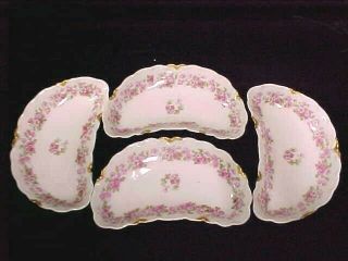 4 Antique HAVILAND LIMOGES Porcelain Crescent Bone Side Plates Pink Gold Daubs 2