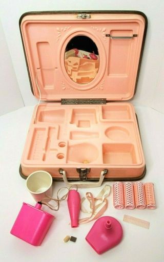 Vintage Barbie Vanity Hard Case 1973 Mattel Pink Curlers Hair Dryer Video