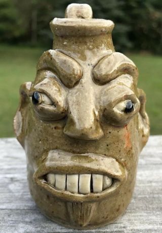 North Carolina Pottery Primitive Folk Art Mini Face Jug Nancy Richards Ball 3”