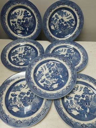 Blue Willow Churchill Staffordshire England Set Of 7 Dinner Plates 10 1/4 " (a - 2)