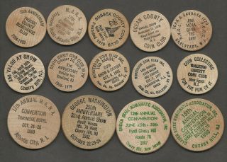 1969 - 1990 14 Different Jersey Coin Club & Coin Show Wooden Nickels