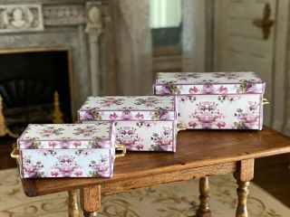 Vintage Miniature Dollhouse Artisan Set 3 Lavender Floral Storage Display Boxes