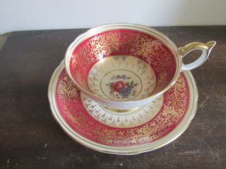 Aynsley England Tea Cup And Saucer Flowers Rose Burgundy Red Gold