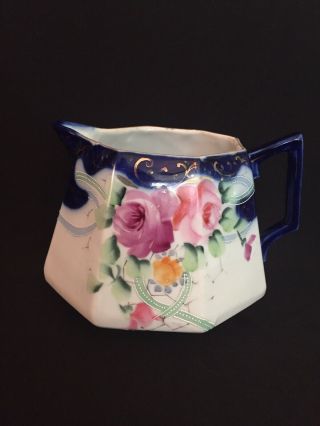 Antique Vintage Nippon Pitcher Hand Painted Roses Cobalt Blue Trim