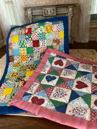 Vintage Miniature Dollhouse Artisan Handmade Quilts Pink Blue Country Primitive