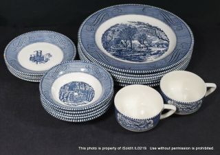 17 - Pc Vintage Currier & Ives Blue Dishes Royal China Dinnerware Plates Bowls Cup