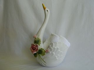 Capodimonte Swan/porcaline/15 1/4 " Tall/deco Roses/planter Or Hand Towel Use