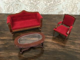 1/12 Dollhouse Miniature Red Velvet Mahogany Living Room Set