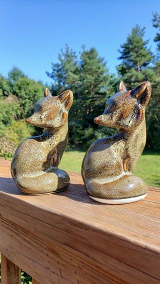 2 Vintage 1970s Studio Art Pottery Ceramic Fox Foxes Figurines Statue Drip Glaze