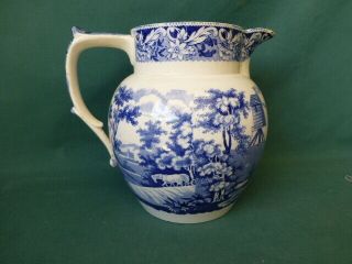 Antique Historical Blue & White Scenery Staffordshire Large Jug Or Pitcher