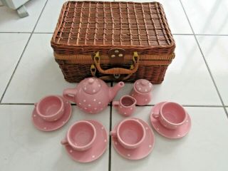 Dolls Childs Tea Set Pink White Dots Porcelain Set In Wicker Carry Basket Case