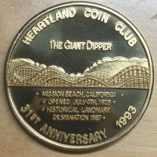 1993 Heartland Coin Club Bronze Medal; Giant Dipper Roller Coaster (x974)