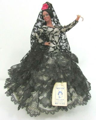 Vintage Marin Chiclana Spanish Flamenco Dancer Doll In Black Dress 7 " Tall