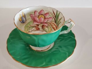 Vintage Aynsley Teacup Green With Gold Trim & Water Lily 765788