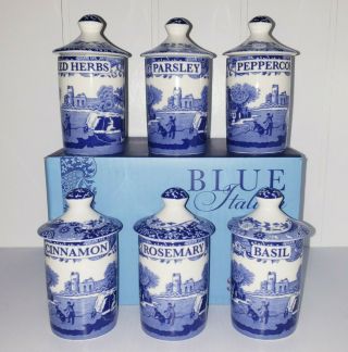 Spode Blue Italian Set Of 6 Spice Jars