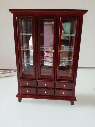 Dollhouse Furniture.  China Cabinet.  Cherry Wood And Glass.  6 Drawer,  3 Door