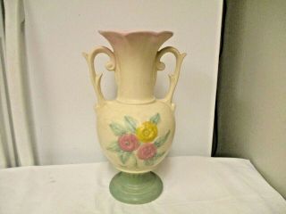 Older Hull Pottery Usa Open Rose (camilla) Urn Style Handled Vase - Pastels 124 - 12