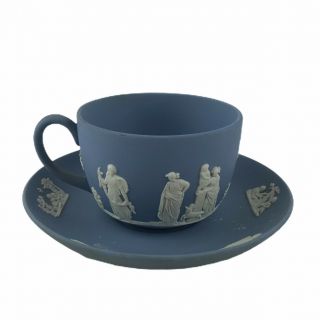 Vintage Wedgwood England Blue Jasperware Tea Cup & Saucer Set Classical Figures