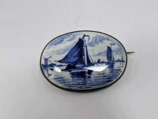 Antique Delft Holland Blue And White Porcelain Pin Brooch C Clasp
